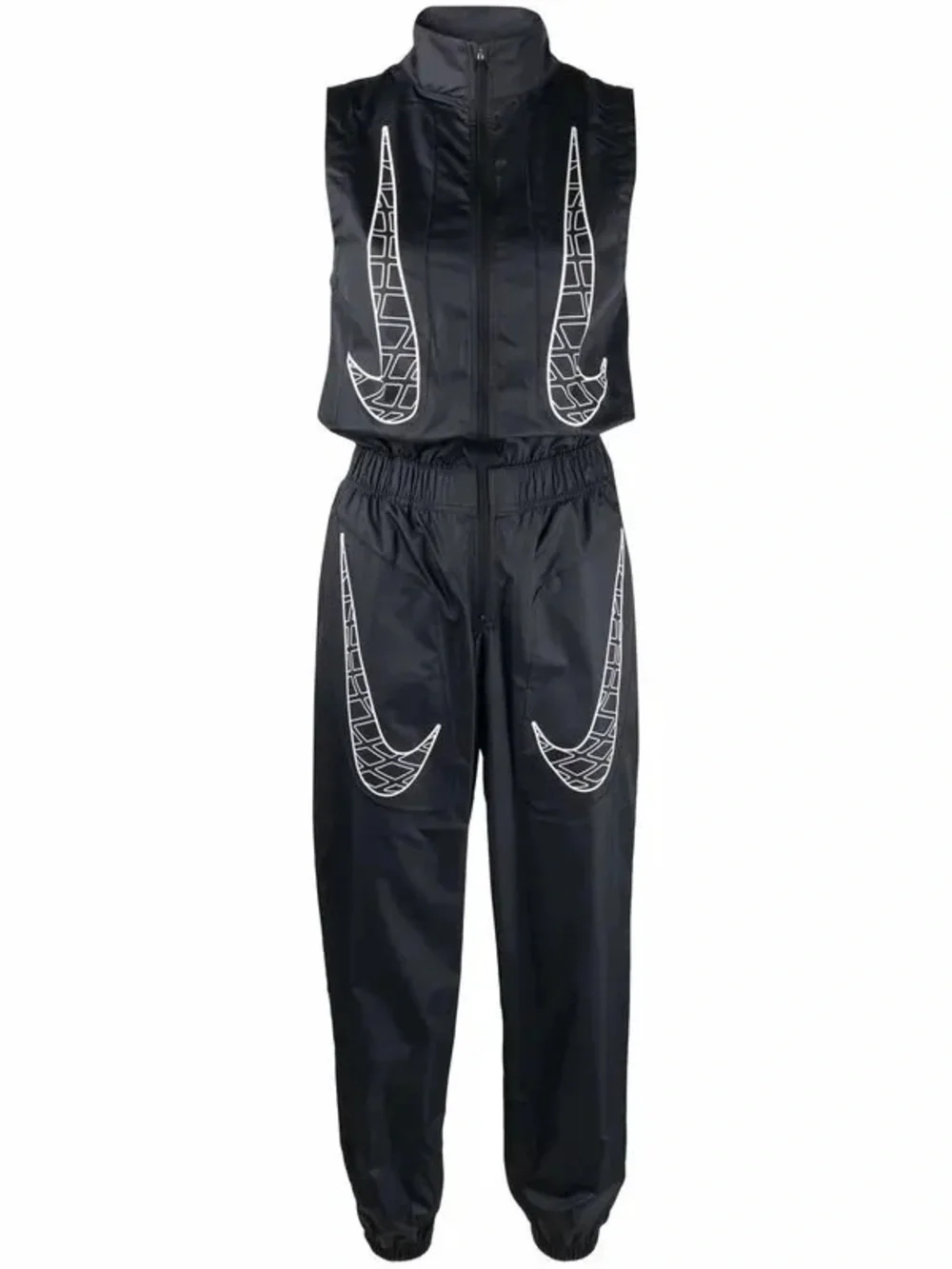 Nike Black Sleeveless Zip-Front Jumpsuit with White Swoosh Graphics XS